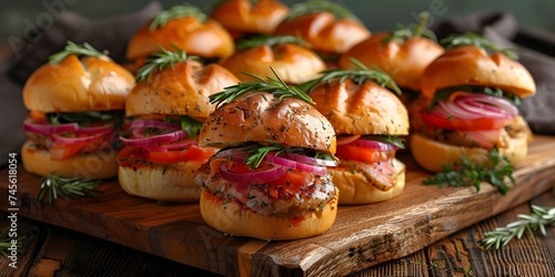 An assortment of savory sliders showcased on a rustic wooden board. Concept Food Styling, Rustic Presentation, Savory Sliders, Culinary Photography, Wooden Serving Board