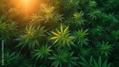 Cannabis plants with a sun flare, useful for content on herbal medicine, CBD oil production, and agriculture of medicinal plants. High quality illustration