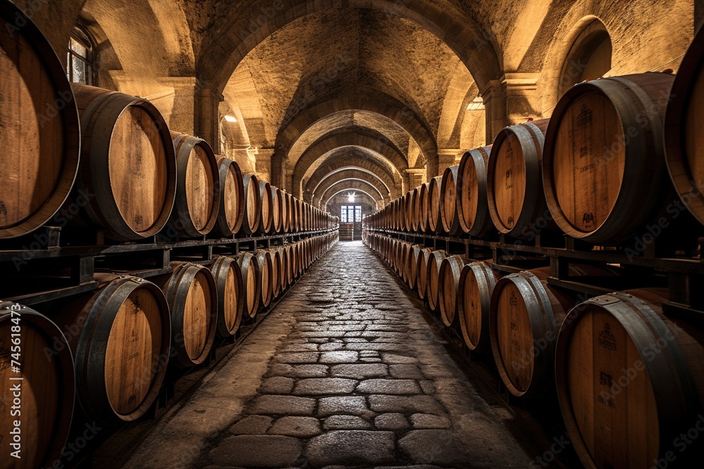 barrels of whiskey in a cellar