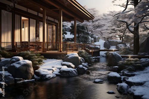 3D rendering of a Japanese garden in winter with snow and ice