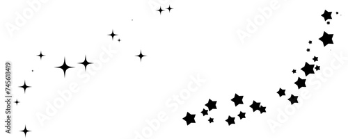 Shooting Star Black. Shooting star with an elegant star trail on a white background. Festive star sprinkles  powder. Vector png. 