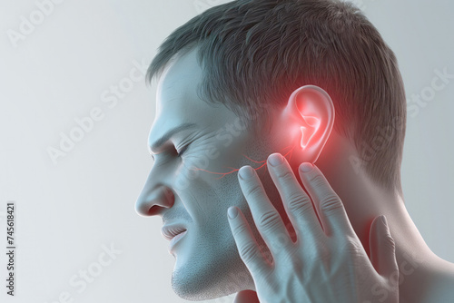 Man with a glowing red ear indicating earache or infection, suitable for medical articles, health awareness materials, and pain symptom visualization in educational content. High quality illustration © Infusorian