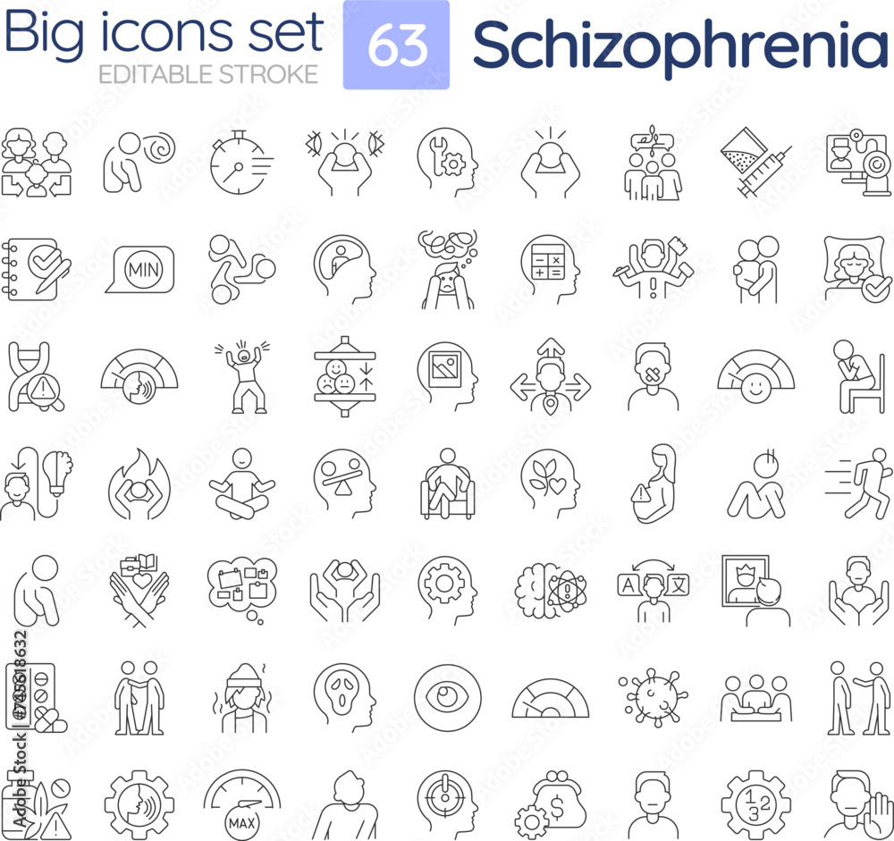 Schizophrenia disorder linear icons set. Neurocognitive disease, mental illness. Psychiatry condition. Customizable thin line symbols. Isolated vector outline illustrations. Editable stroke Schizophrenia disorder linear icons set. Neurocognitive disease, mental illness. Psychiatry condition. Customizable thin line symbols. Isolated vector outline illustrations. Editable stroke