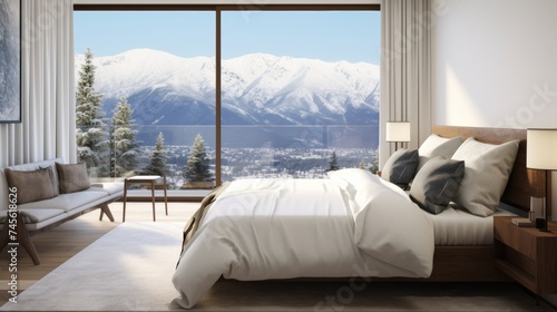 bedroom with white messy bedding and big window with view to beautiful. Summer, travel, vacation, holiday, mindfulness, relax, recreation, hotel, sleep © pinkrabbit