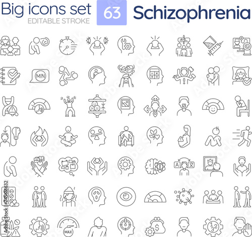 Schizophrenia disorder linear icons set. Neurocognitive disease, mental illness. Psychiatry condition. Customizable thin line symbols. Isolated vector outline illustrations. Editable stroke