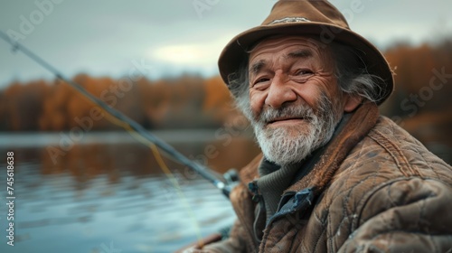 Old Man Fishing Serenely by the Lakeside