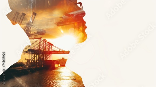 Double exposure photography of engineer man and the business Logistics and transportation of Container Cargo ship and Cargo plane with working crane bridge photo