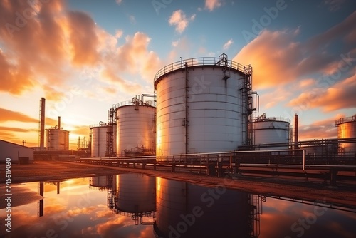 view of oil storage tanks in oil refinery at sunset photo