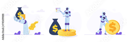 Robot making money for human business. Working with AI concepts. Vector illustrations set, collection. Can use for, landing page, template, web, homepage, poster, banner.