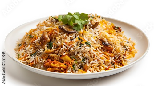 Biryani Rice with Mushrooms Isolated on White Background