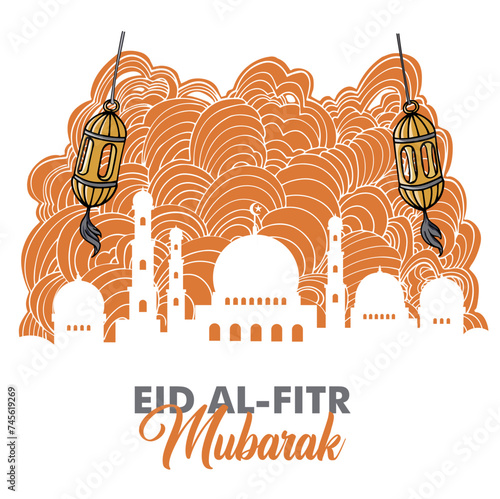 Eid mubarak mosque with clouds. Ramadan celebration.  Hand drawn mosque landscape vector iIllustration suitable for greeting card, website banner, social media post, flyer 