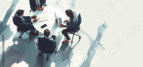 businessman, group, meeting, background, office, team, teamwork, work, communication, discussion. top view of business people working on round table with white background and generation by AI.