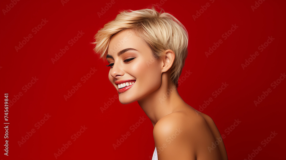 Portrait of a beautiful, sexy Caucasian woman with perfect skin and white short hair, on a red background. Portrait of a beautiful, sexy Caucasian woman with perfect skin and white short hair, on a red background.