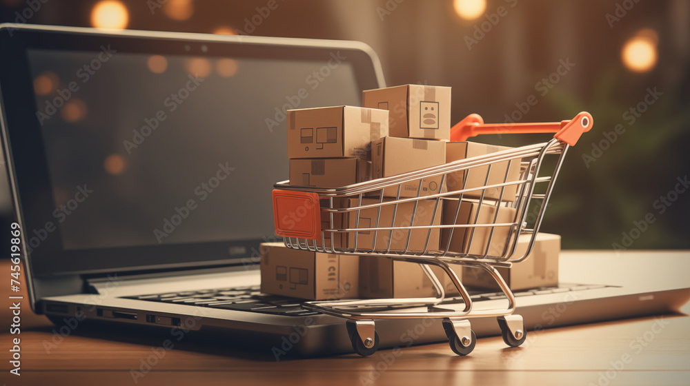 Cart full of boxes on top of laptop computer, online shopping