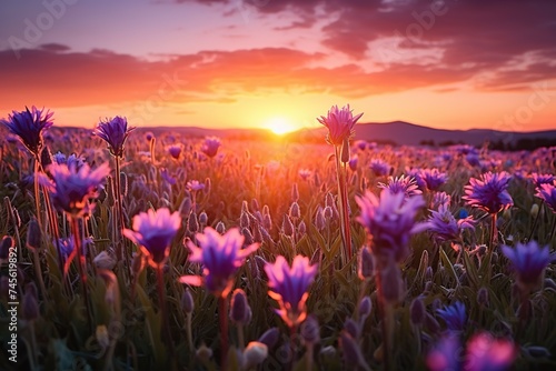Sunset Glow on Purple Wildflower Field. 
