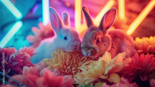 two cute little fluffy dwarf rabbit cuddling, colourful flowers in the foreground, bright colourful neon lights