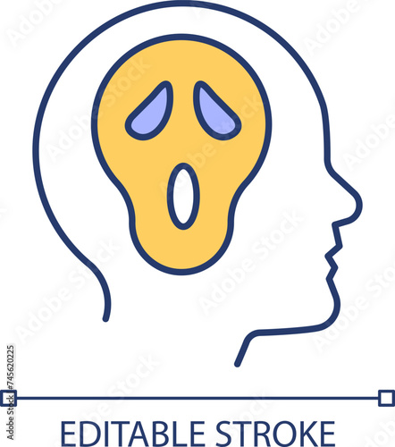 Perception disease, hallucinations blue purple RGB color icon. Schizophrenia symptoms. Spooky mask. Neurocognitive health. Isolated vector illustration. Simple filled line drawing. Editable stroke