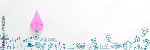 Pink paper plane and business strategy on white background, copy space