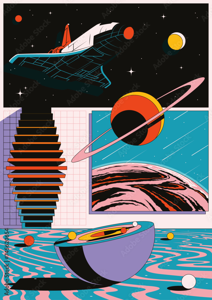Abstract Space Poster. Spacecraft on the Orbit, Saturn, Planets, Abstract Geometric Shapes Background  - obrazy, fototapety, plakaty 