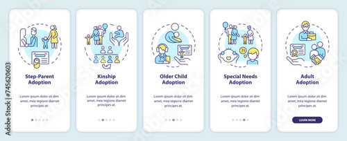 Adoption options onboarding mobile app screen. Child custody walkthrough 5 steps editable graphic instructions with linear concepts. UI, UX, GUI template. Myriad Pro-Bold, Regular fonts used photo