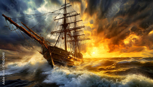 Bottom view of an old wooden sailing ship braving the waves of a wild stormy sea, in the background dramatic sky with storm clouds at sunrise or sunset. Generative Ai.