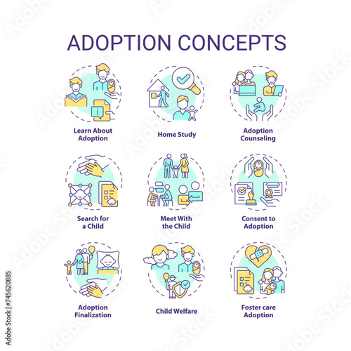 Adoption multi color concept icons. Legal process steps. Becoming parents. How to adopt child. Parental right transfer. Icon pack. Vector images. Round shape illustrations. Abstract idea