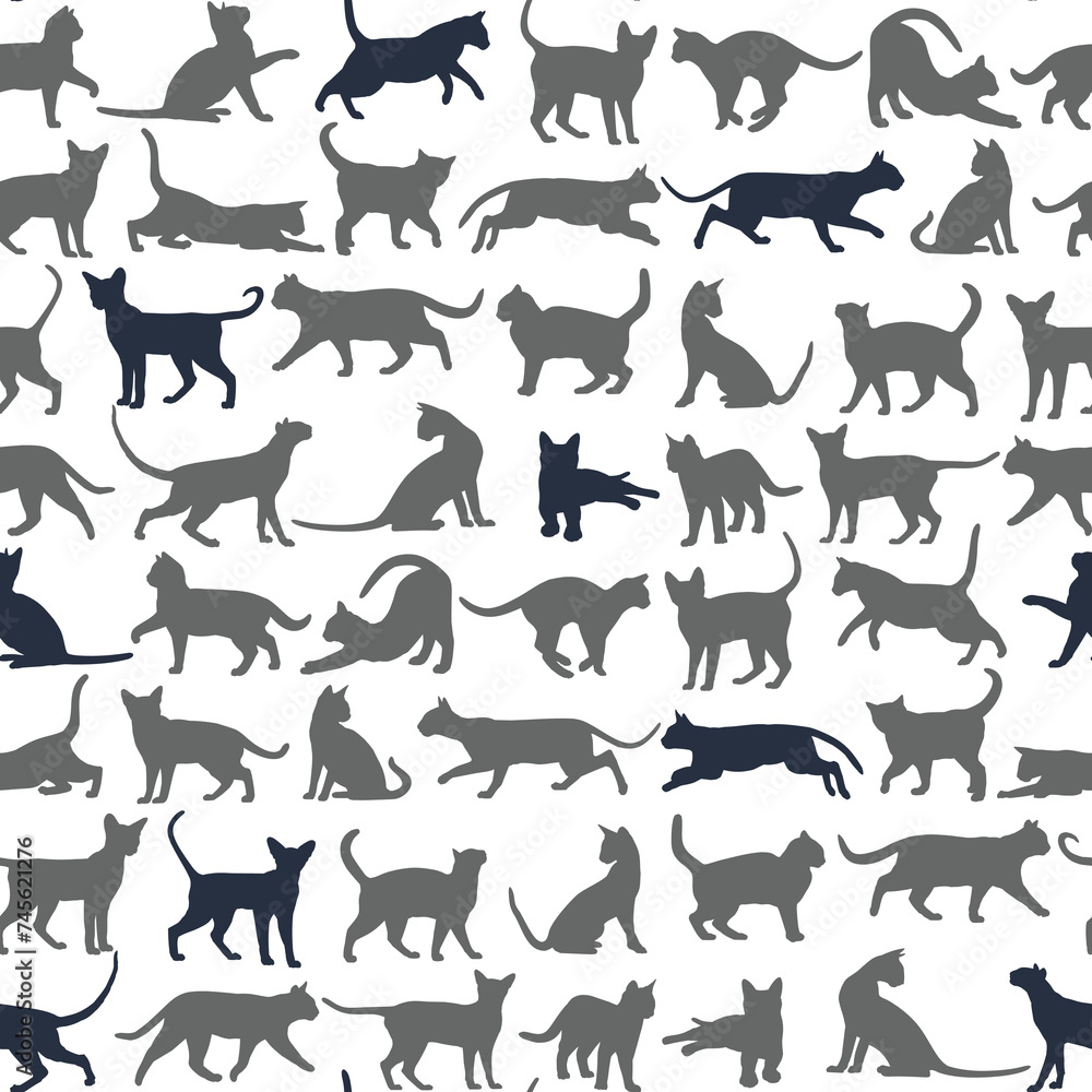 Seamless blue background with silhouettes of cats.
