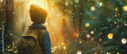 Mystical Forest Adventure, Enchanting forest landscape with a child exploring nature, A magical journey through a lush forest with captivating scenery and a sense of wonder.