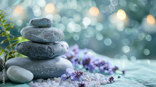 A serene composition of stacked Zen stones and delicate lavender flowers  set against a soft  bokeh light background for relaxation and balance. 