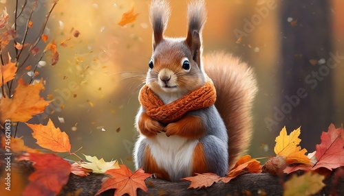 Cute squirrel with scarf in the forest theme autumn