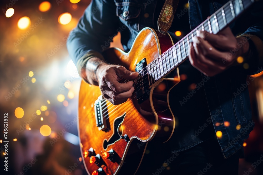 Obraz premium guitar, closeup, guitarist, instrument, musician, music, musical, performance, artist, background. close up of a musician now solo guitar playing a concert on a club stage with bokeh light in concert.