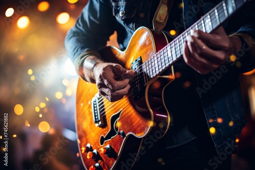 guitar, closeup, guitarist, instrument, musician, music, musical, performance, artist, background. close up of a musician now solo guitar playing a concert on a club stage with bokeh light in concert.