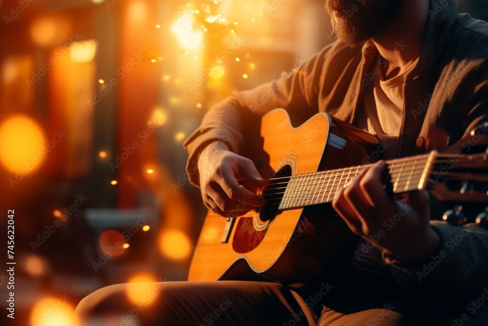 Obraz premium guitar, closeup, guitarist, instrument, musician, music, musical, performance, artist, background. close up of a musician now solo guitar playing a concert on a club stage with bokeh light in concert.