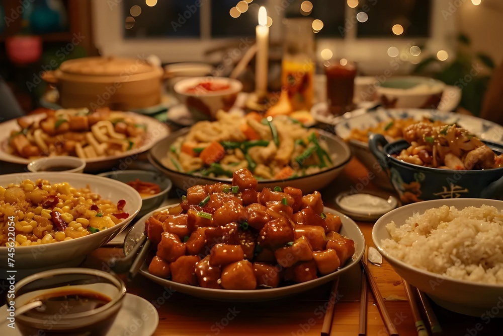 Obraz premium Share cherished moments and delectable flavors with loved ones over a delightful family-style Chinese dinner, a true culinary experience.