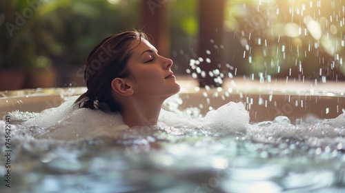 Relaxed young woman relaxing in hot tub with closed eyes and closed eyes. AI. photo