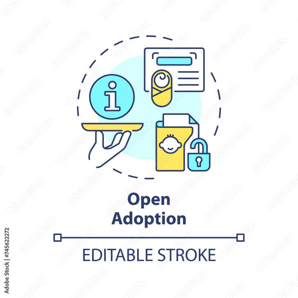 Open adoption multi color concept icon. Sharing personal information with biological parents. Child custody. Round shape line illustration. Abstract idea. Graphic design. Easy to use Open adoption multi color concept icon. Sharing personal information with biological parents. Child custody. Round shape line illustration. Abstract idea. Graphic design. Easy to use
