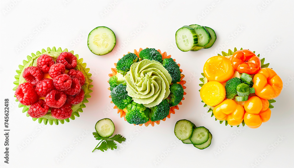 high quality photo of cupcakes made from different types of vegetables, vegetarian style ,copy space - obrazy, fototapety, plakaty 