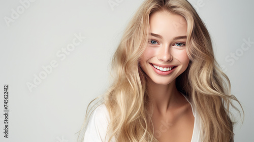 Portrait of a beautiful, sexy Caucasian woman with perfect skin and white long hair, on a white background.
