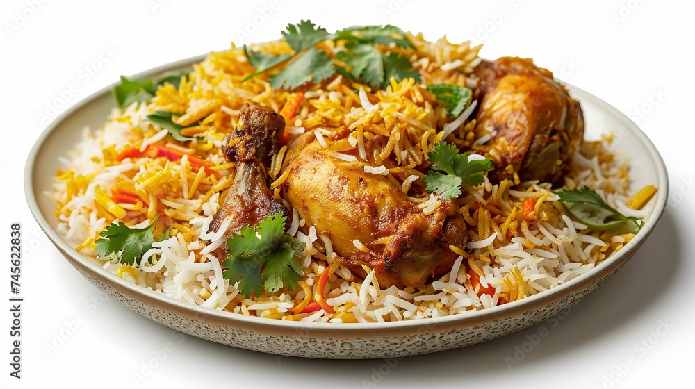 Chicken Biryani on Plate, Isolated on White Background Chicken Biryani on Plate, Isolated on White Background