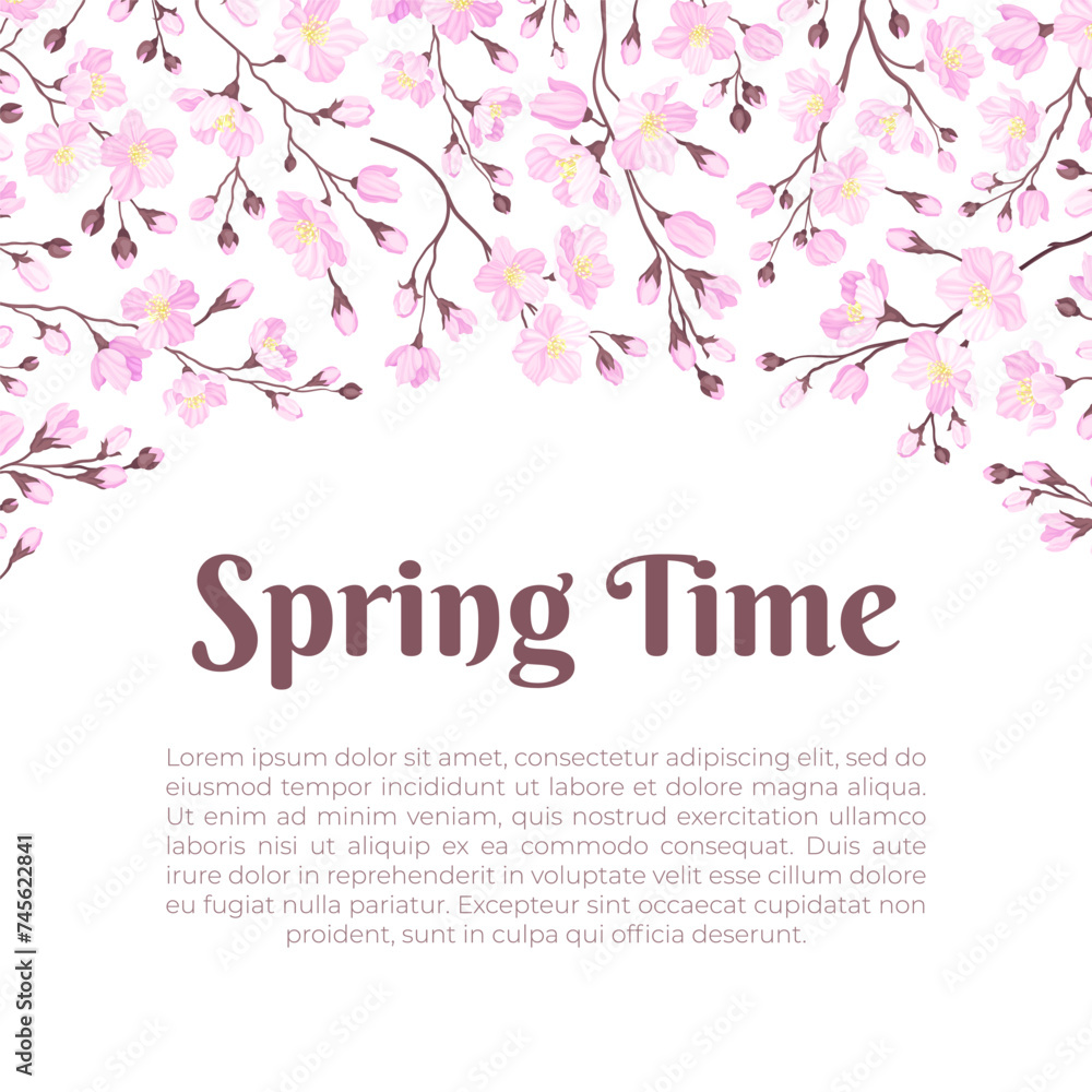 Cherry Blossom Design Banner with Blooming Pink Flower Vector Template Cherry Blossom Design Banner with Blooming Pink Flower Vector Template