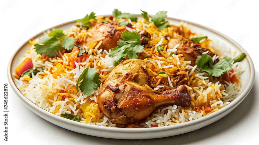 Chicken Biryani on Plate, Isolated on White Background Chicken Biryani on Plate, Isolated on White Background