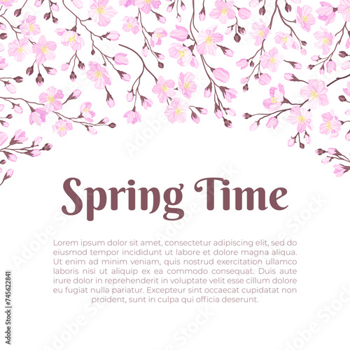Cherry Blossom Design Banner with Blooming Pink Flower Vector Template