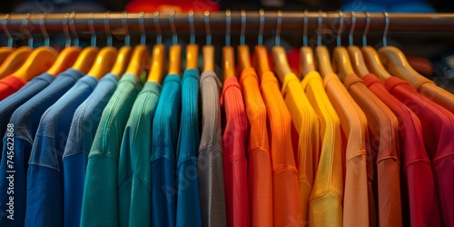 Vividly Colored Shirts Presented on a Clothing Rack in a Retail Store. Concept Fashion Display, Retail Presentation, Clothing Merchandising, Colorful Apparel, Store Visuals