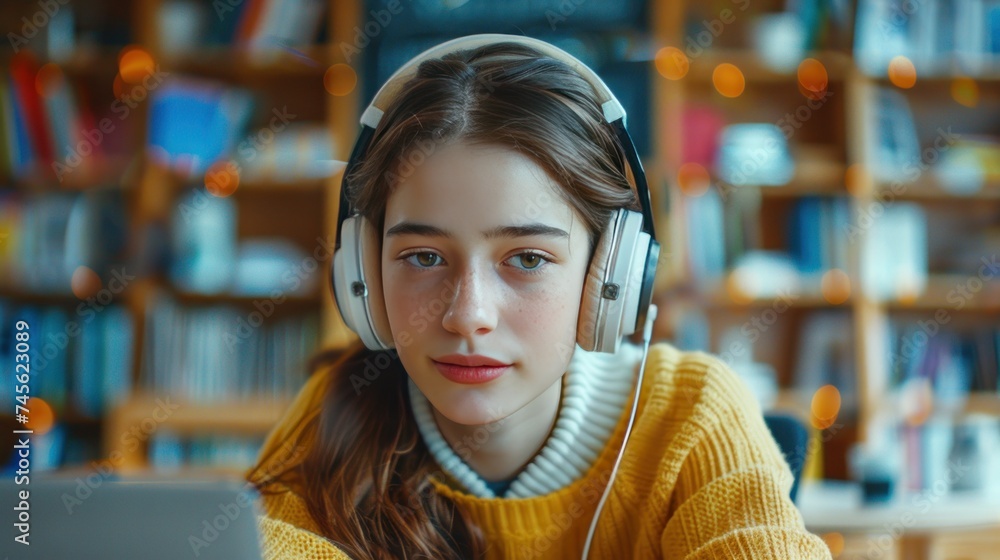 Schoolgirl Enjoying Music with Headphones in Library Schoolgirl Enjoying Music with Headphones in Library