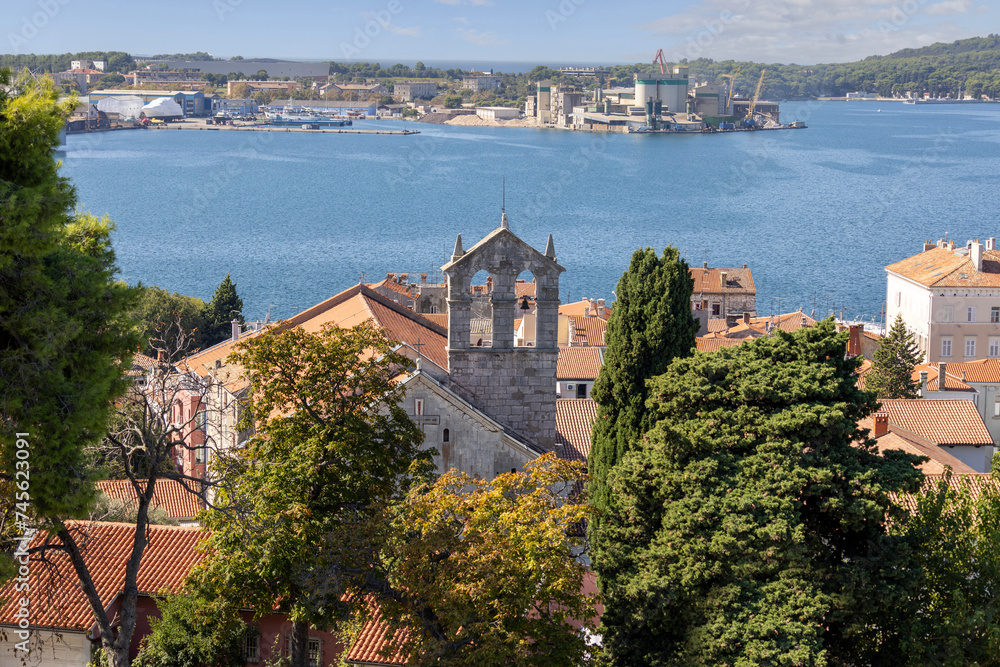 Aerial view from Castle (Venetian Fort) of city and bell tower of Monastery and Church of St. Francis, Pula, Croatia, Istria