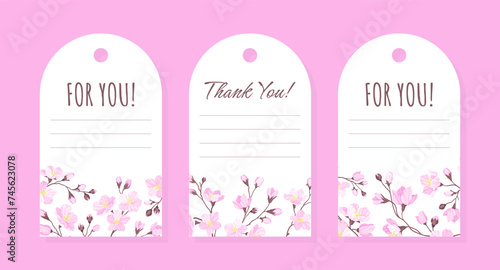 Cherry Blossom Tags Design with Blooming Pink Flower Vector Template