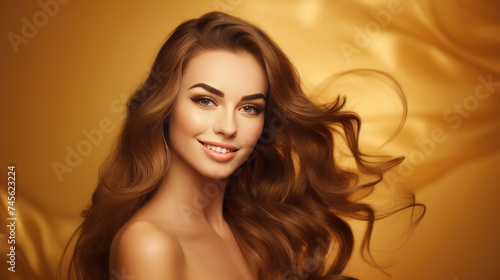 Portrait of a beautiful, sexy happy smiling woman with perfect skin and long hair, on a golden background, banner.