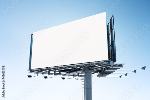 Blank billboard on a modern steel structure under a blue sky, perfect for advertising mockups. 3D Rendering