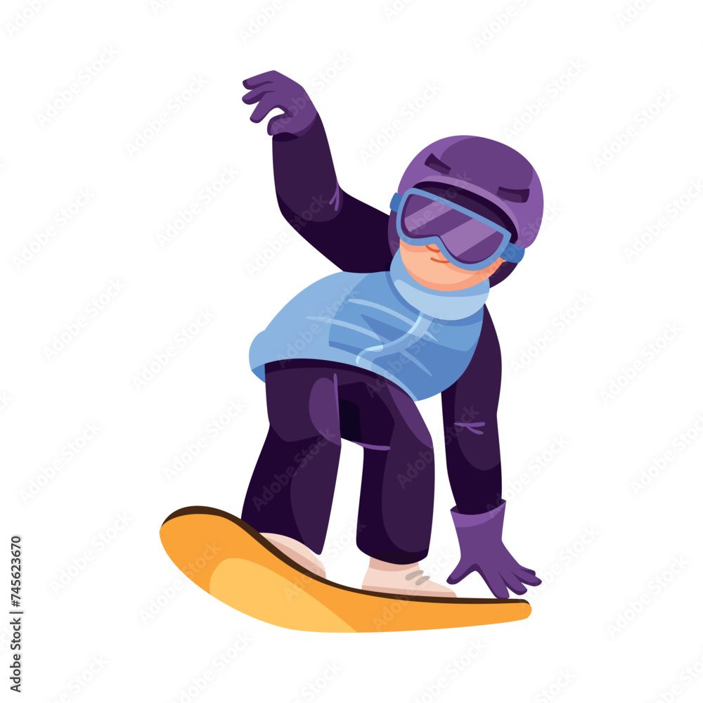 Happy Boy Character Snowboarding Do Sport and Physical Body Training Vector Illustration