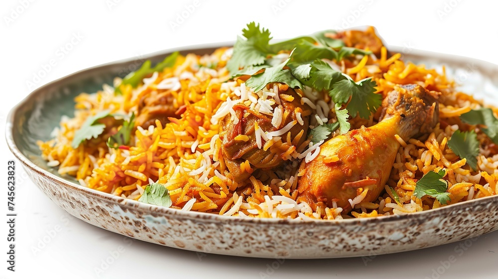 Chicken Biryani on Plate, Isolated on White Background Chicken Biryani on Plate, Isolated on White Background